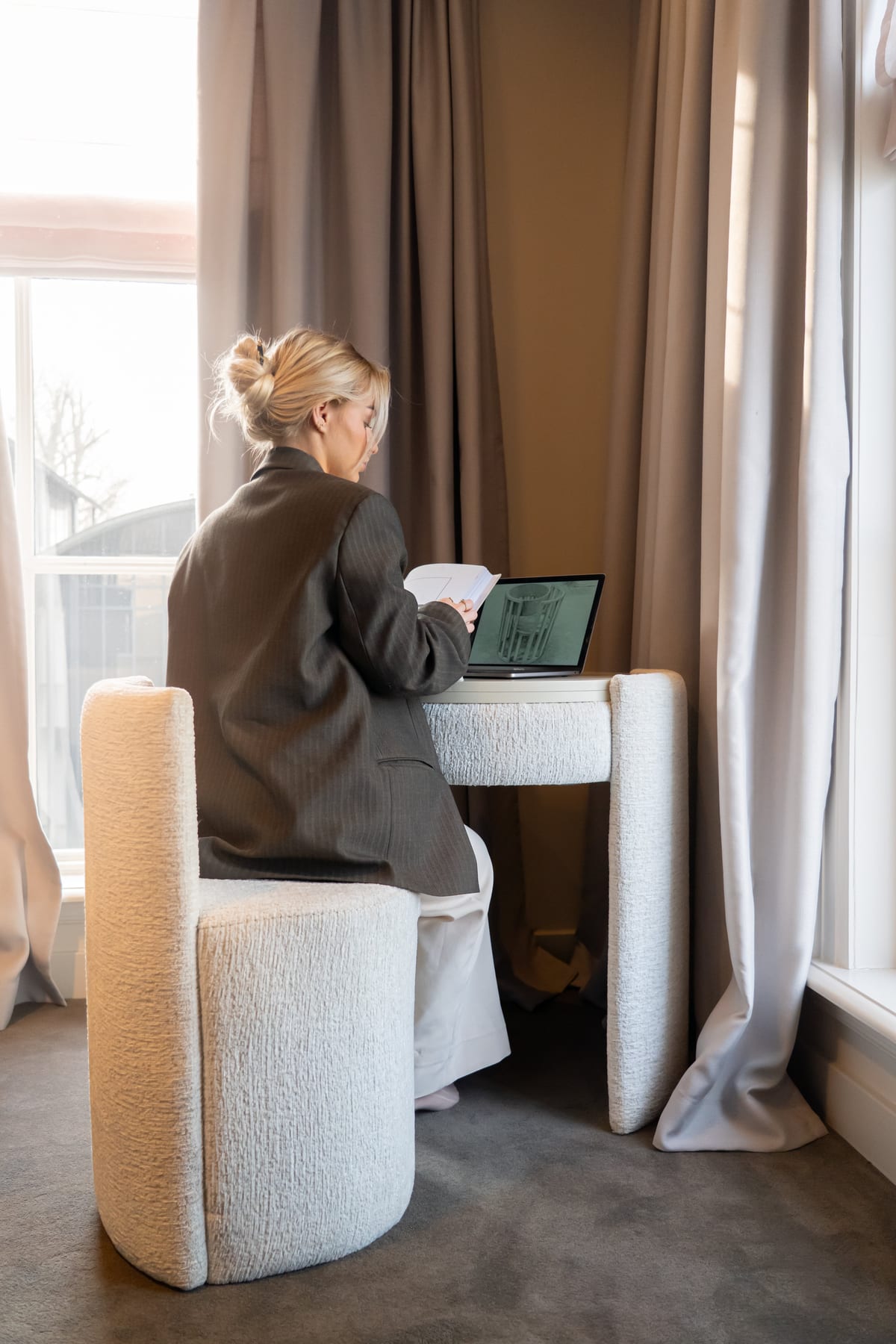 Used as a compact desk with a laptop